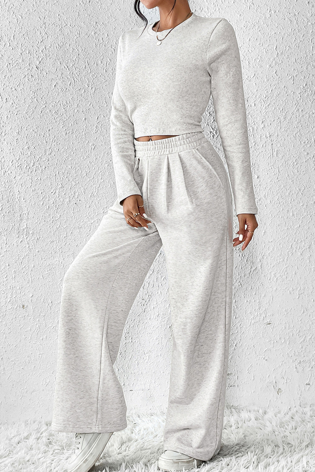 Beige Slim Fit Crop Top and Wide Leg Pants Set