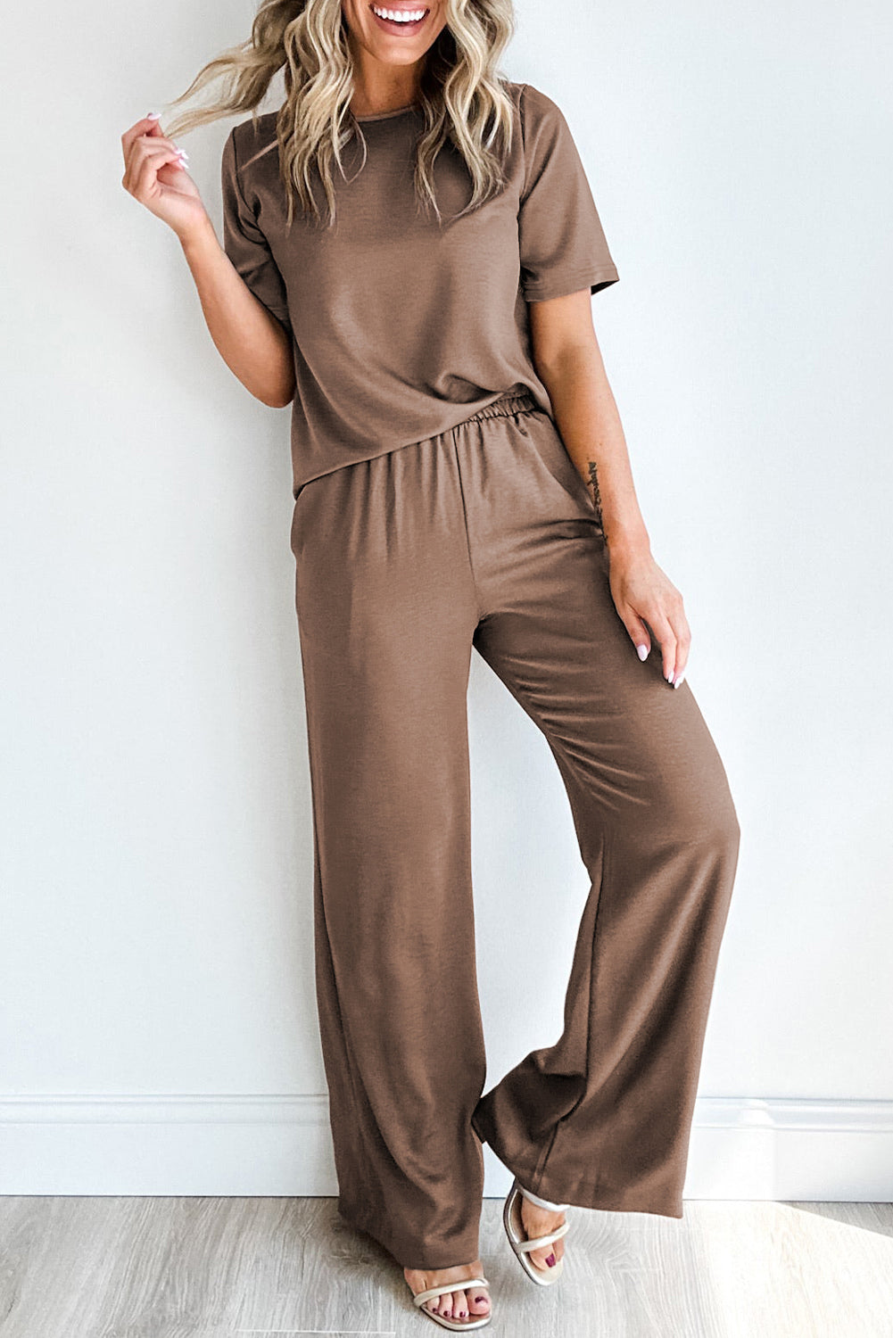 Smoke Gray Solid Color T-Shirt and Wide Leg Pants Set