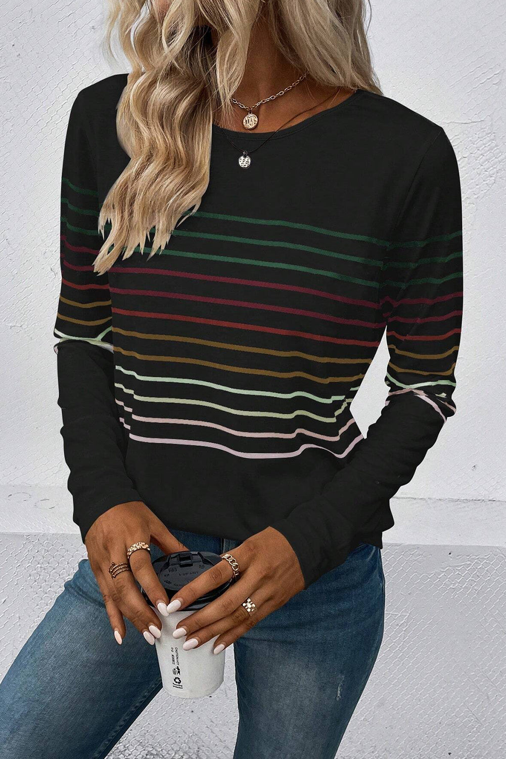 White Colorful Striped Print Long Sleeve Top