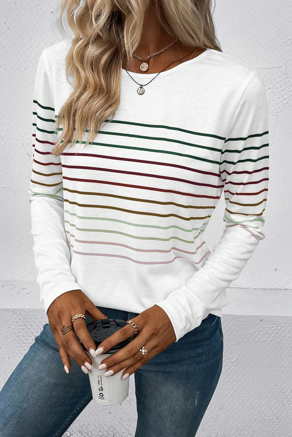 White Colorful Striped Print Long Sleeve Top