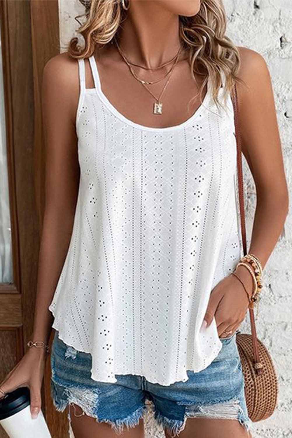 Black Eyelet Strappy Scoop Neck Tank Top