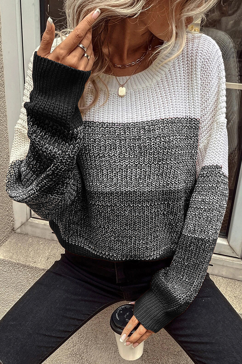 Brown Color Block Drop Shoulder Ribbed Trim Sweater