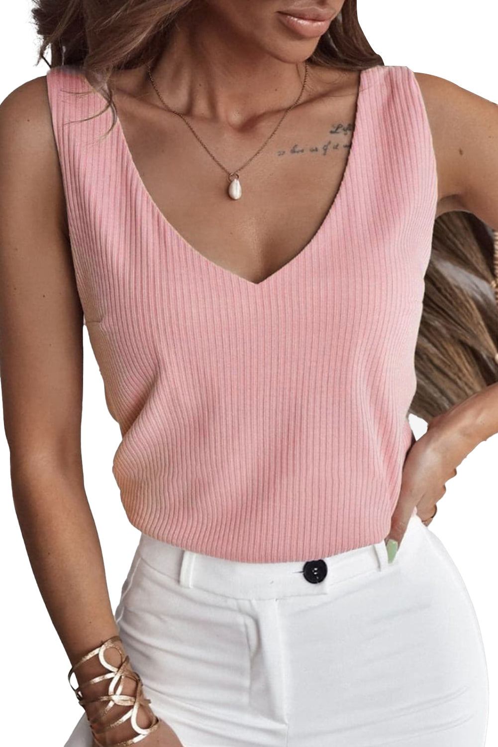 Light Pink V Neck Rib Textured Tank Top