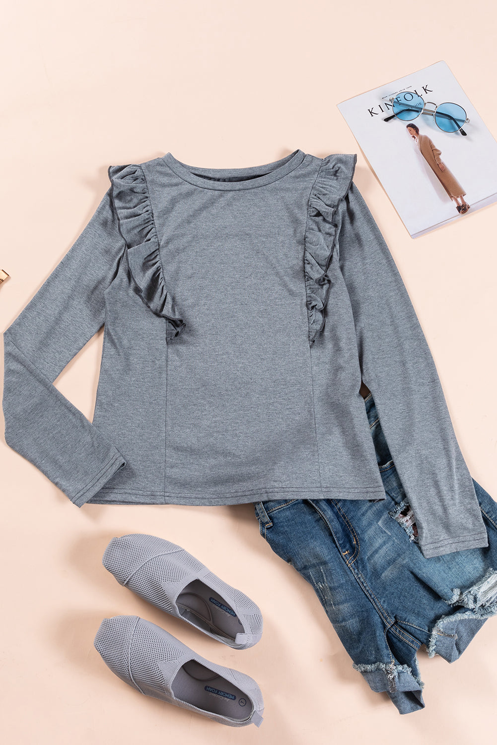 Dark Grey Solid Color Ruffle Long Sleeve Top