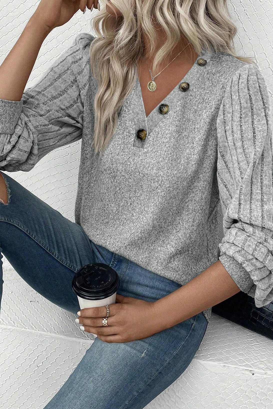 Light Grey Button Detail V Neck Ribbed Bishop Sleeve Top