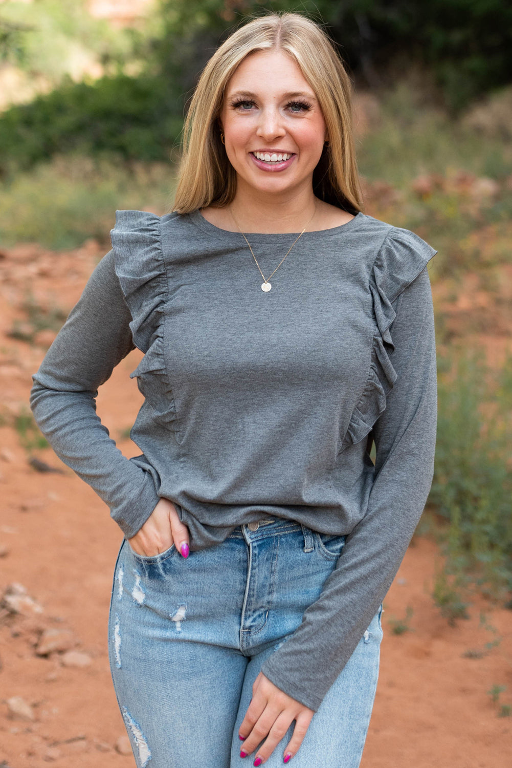 Dark Grey Solid Color Ruffle Long Sleeve Top