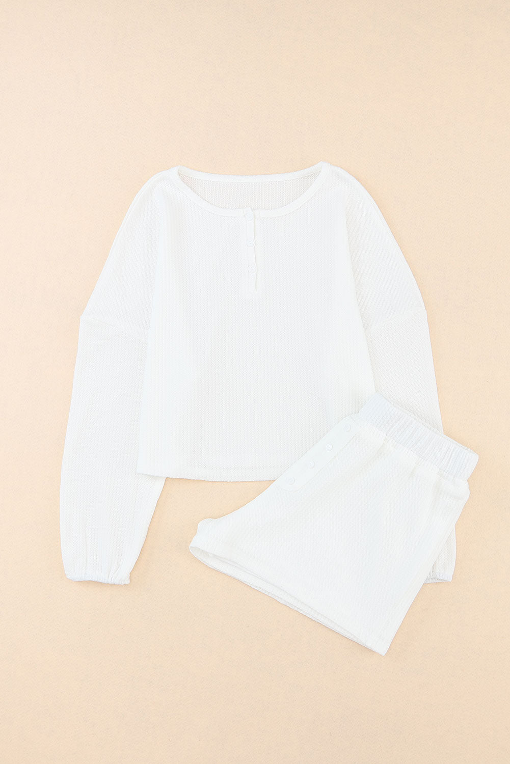 White Waffle Knit Buttoned Long Sleeve Crop & Shorts Lounge Set