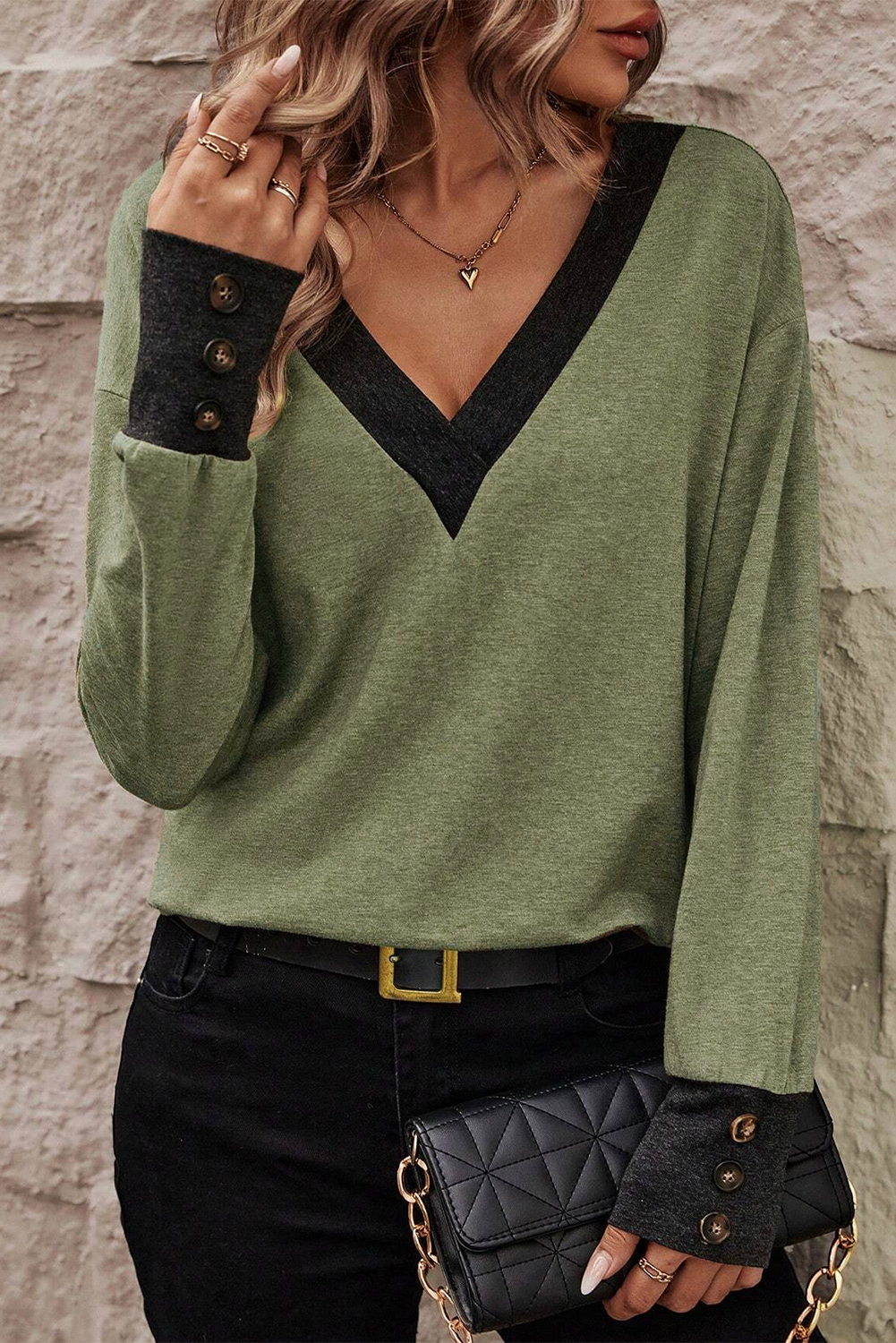 Moss Green Contrast V Neck Button Decor Long Sleeve Top