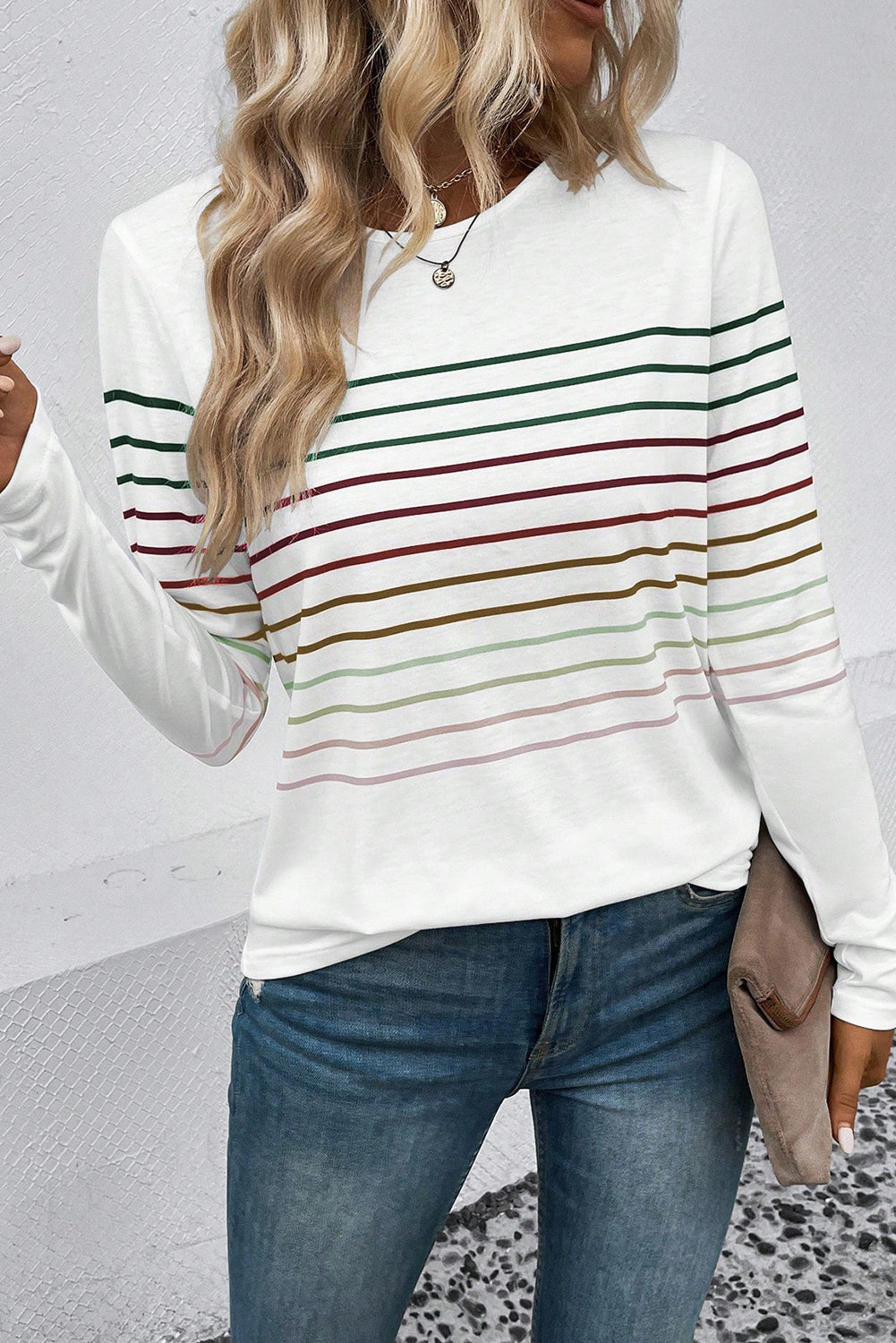 White Colorful Striped Print Long Sleeve Top