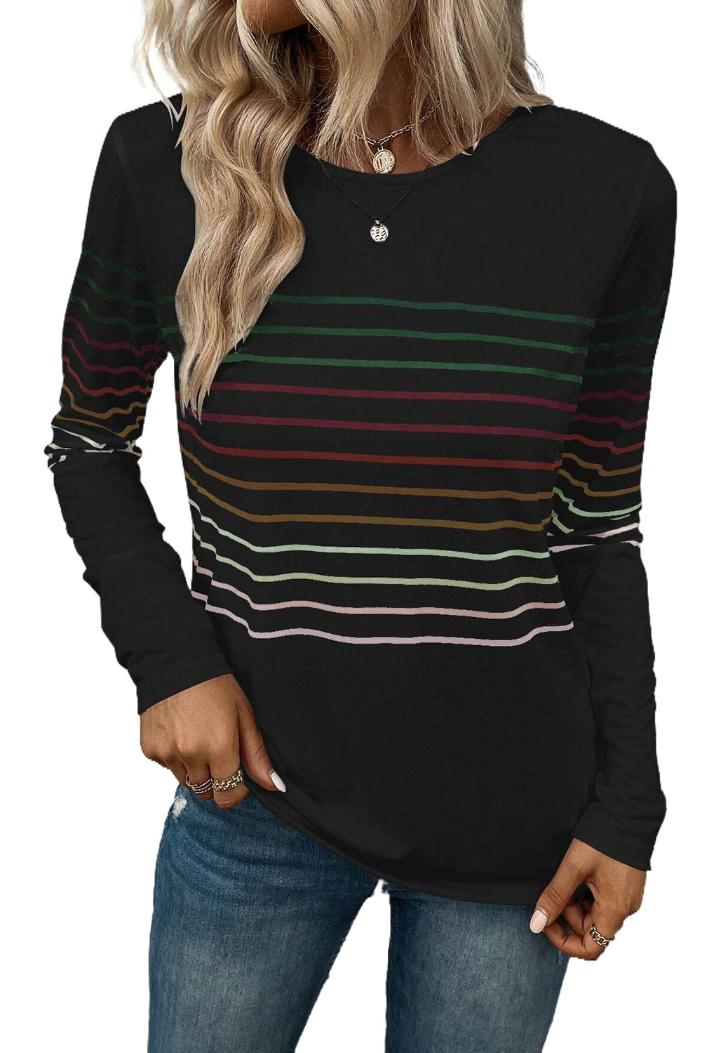 White Colorful Striped Print Long Sleeve Top