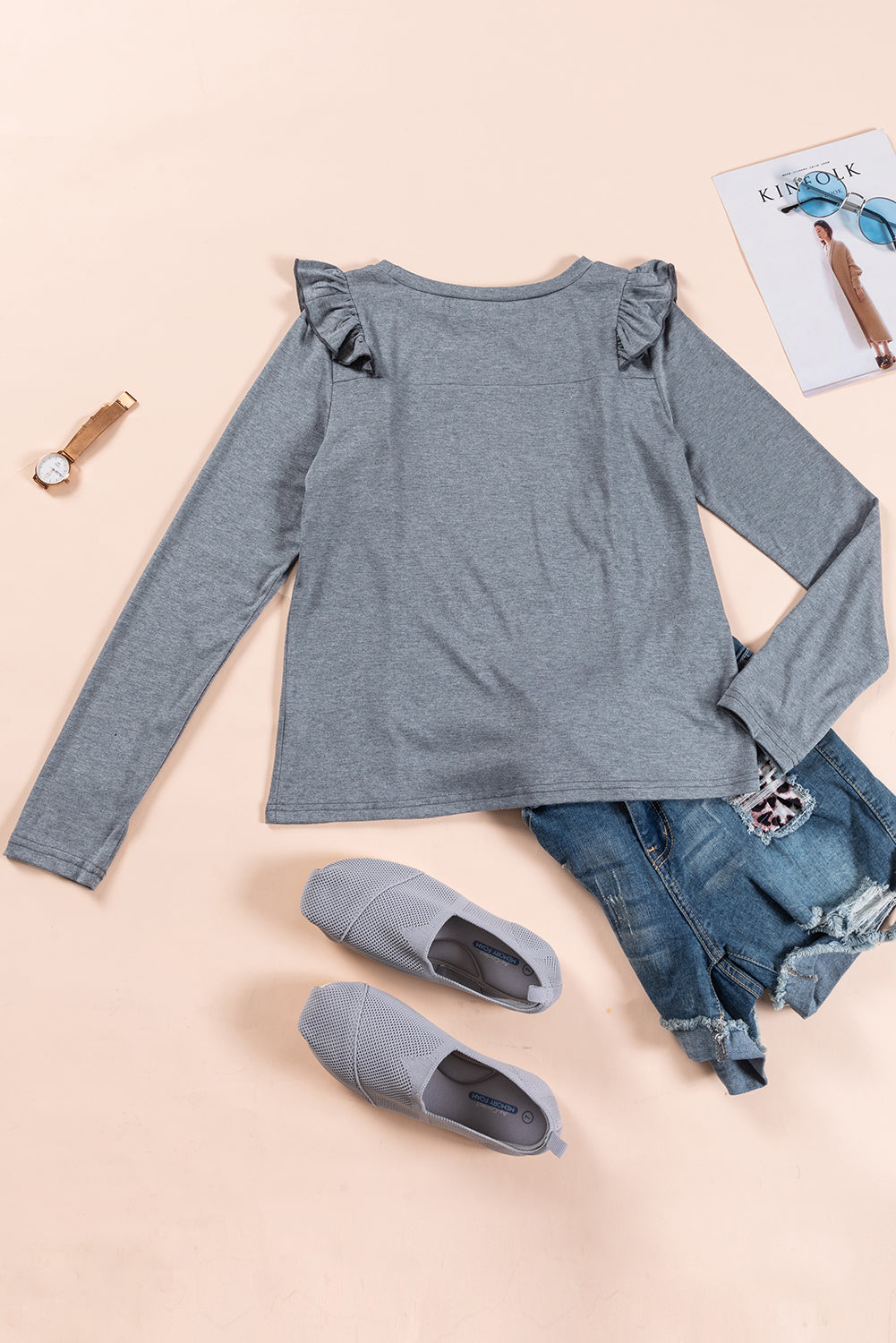 Dark Grey Solid Color Ruffle Long Sleeve Top