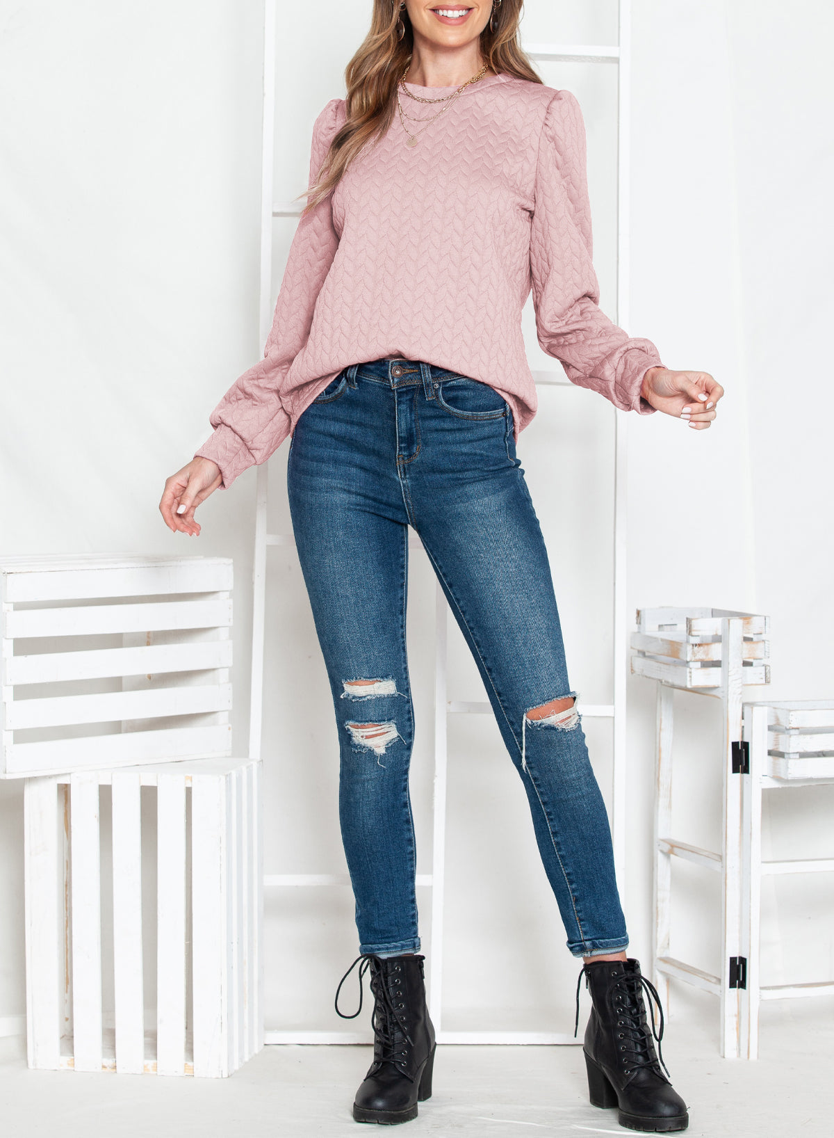 Rosy Waffle Quilted Puff Sleeve Sweatshirt