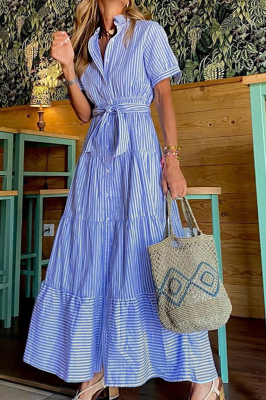 Blue Striped Button Front Belted Shirt Collar Maxi Dress