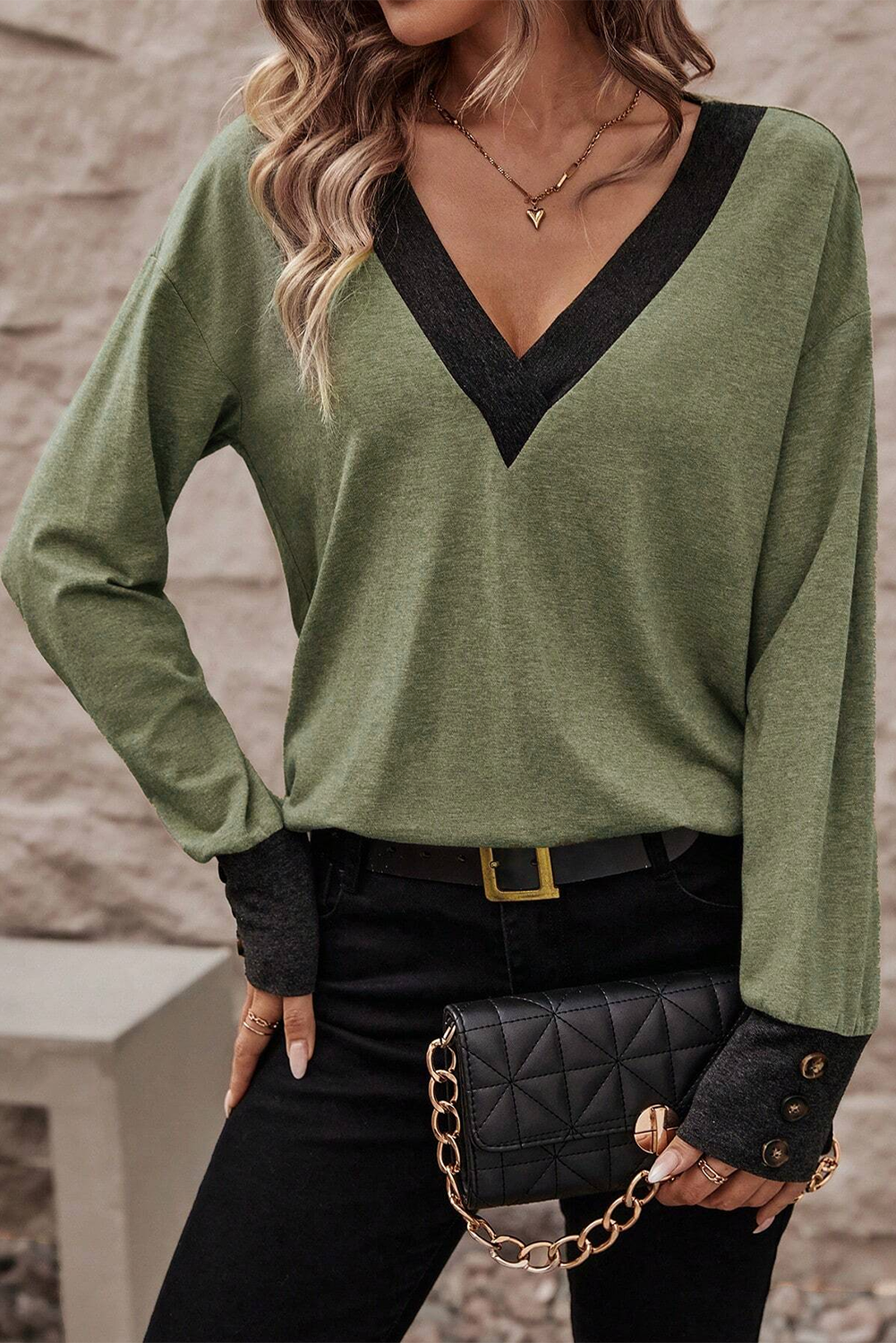 Moss Green Contrast V Neck Button Decor Long Sleeve Top