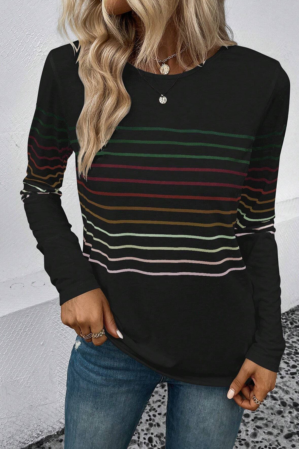 White Colorful Striped Print Long Sleeve Top