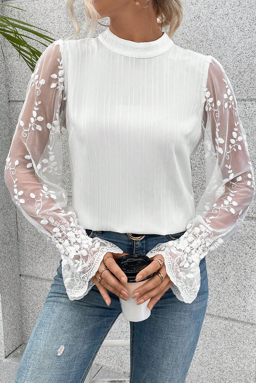 White Textured Contrast Lace Sleeve Mock Neck Blouse