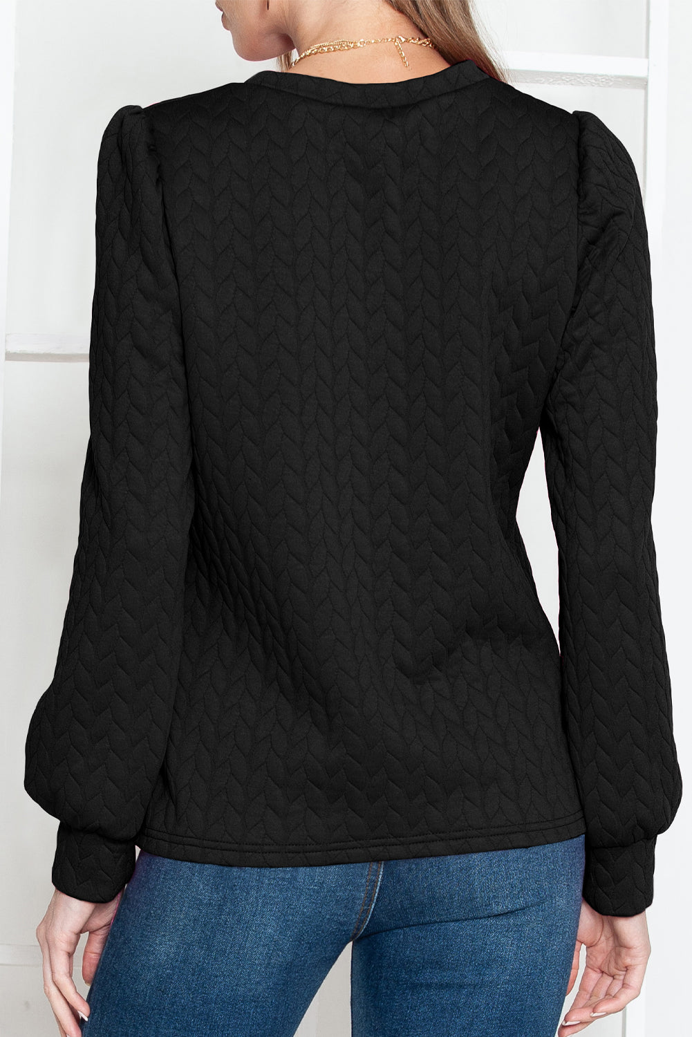 Rosy Waffle Quilted Puff Sleeve Sweatshirt