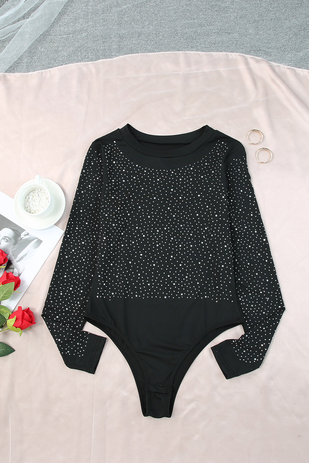 Rosy Rhinestone Casual Slim Fit Long Sleeve Bodysuit