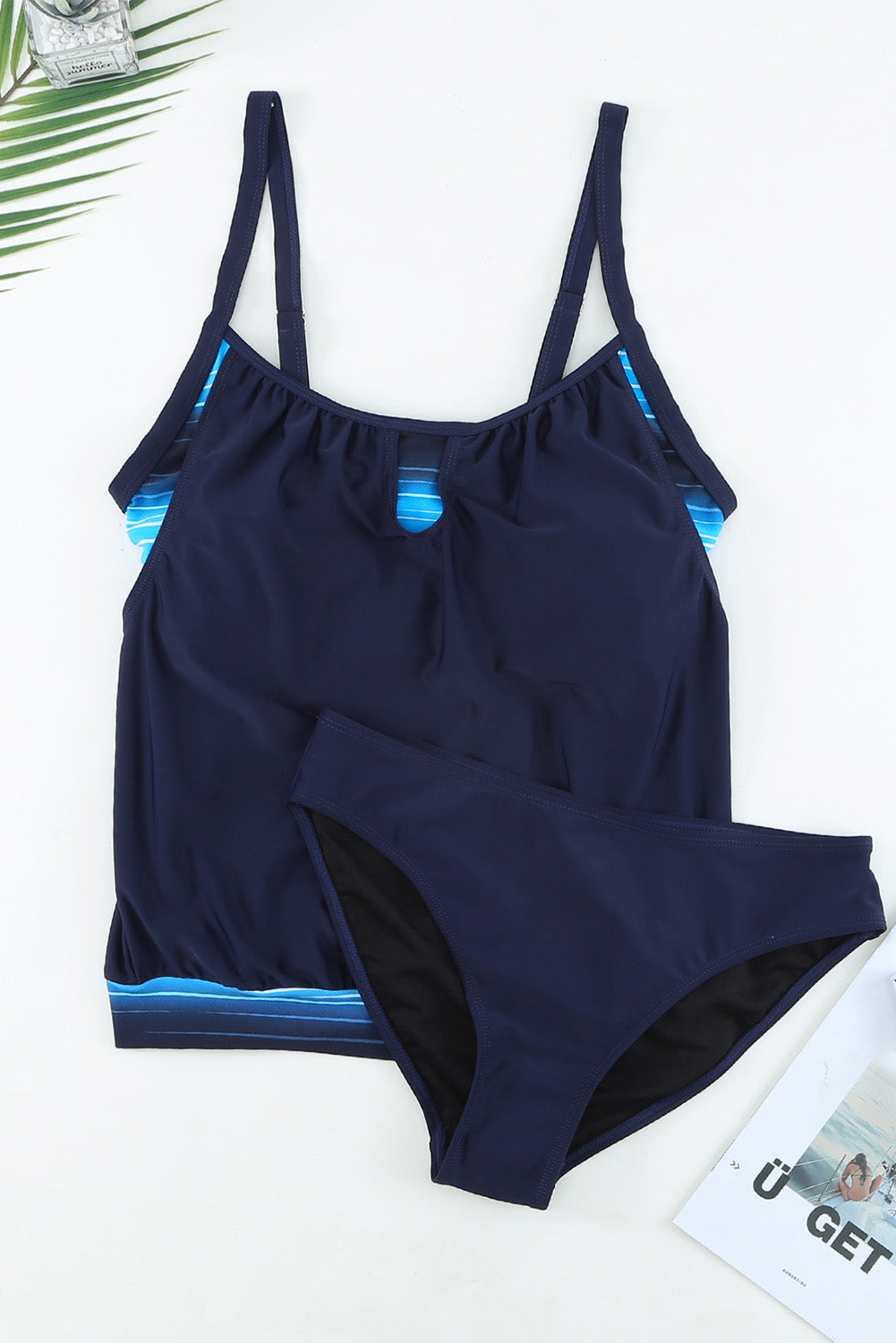 Dark Blue Patchwork Spaghetti Strap Tankini Set