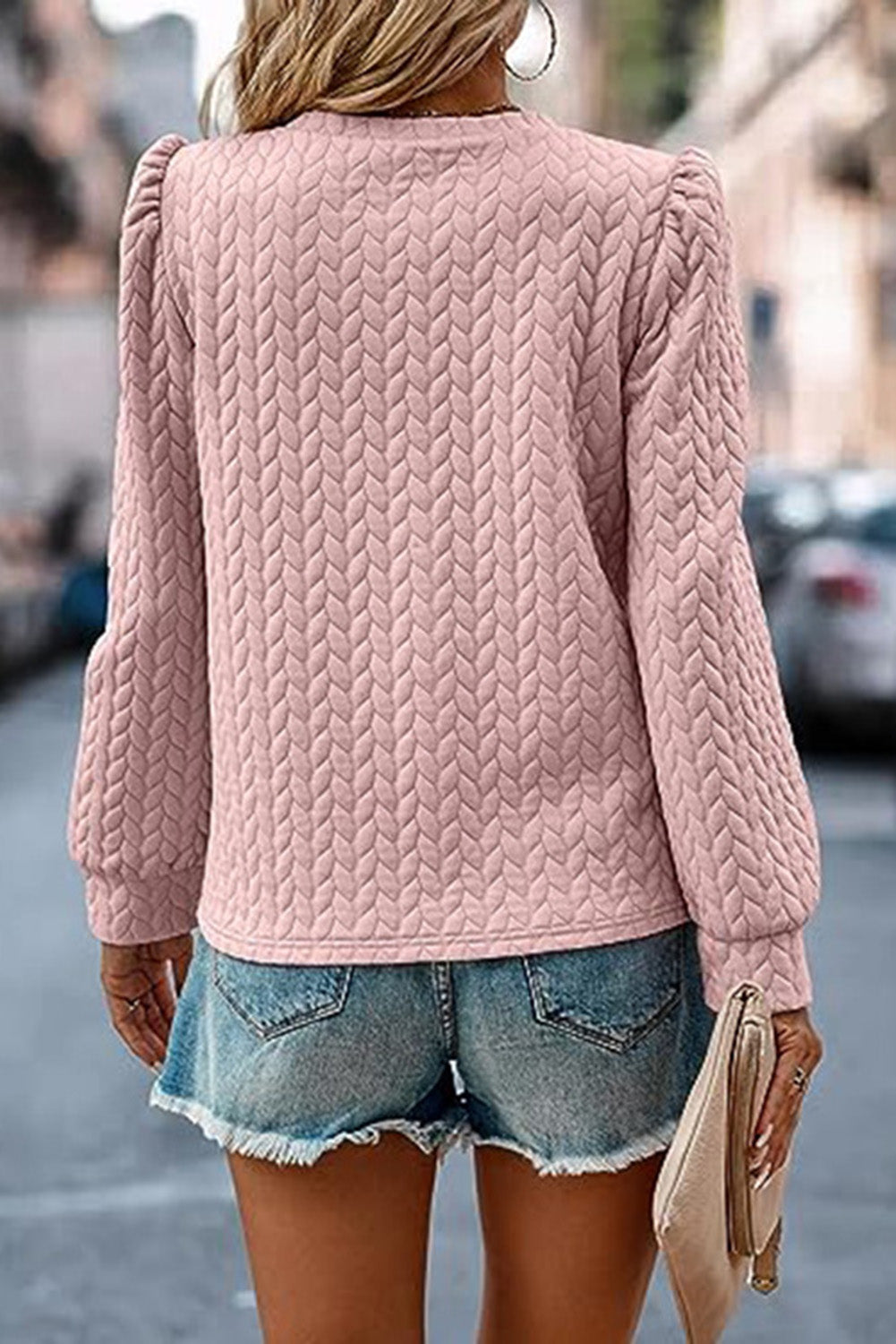 Rosy Waffle Quilted Puff Sleeve Sweatshirt