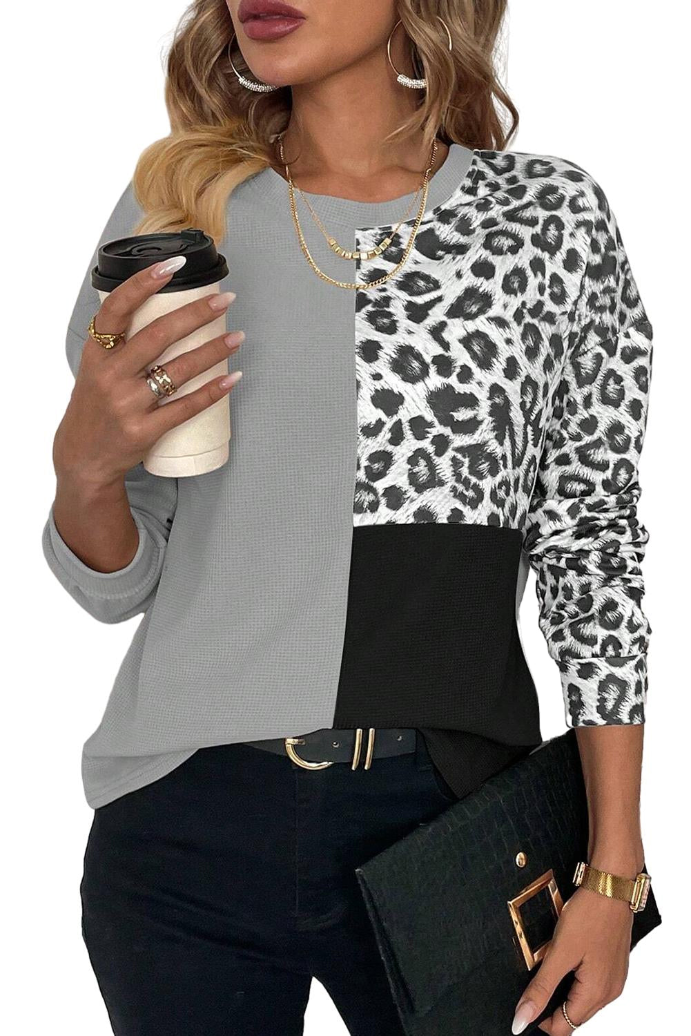 Pale Khaki Casual Waffle Knit Leopard Contrast Long Sleeve Top