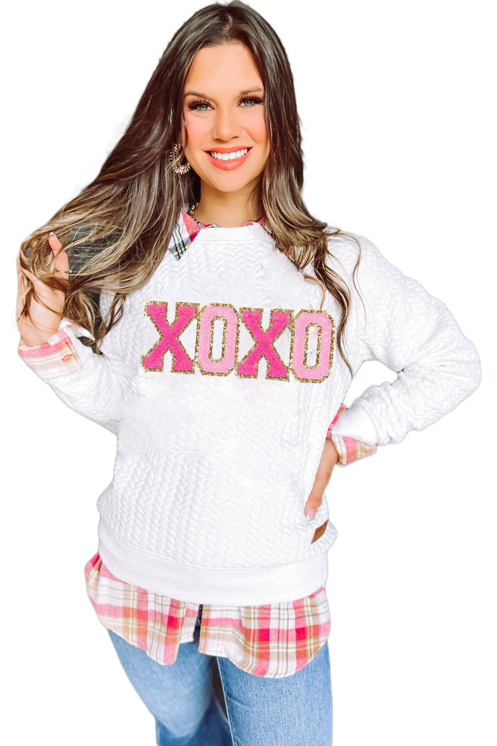 White Quilted Valentine Love Heart Shape Graphic Sweatshirt