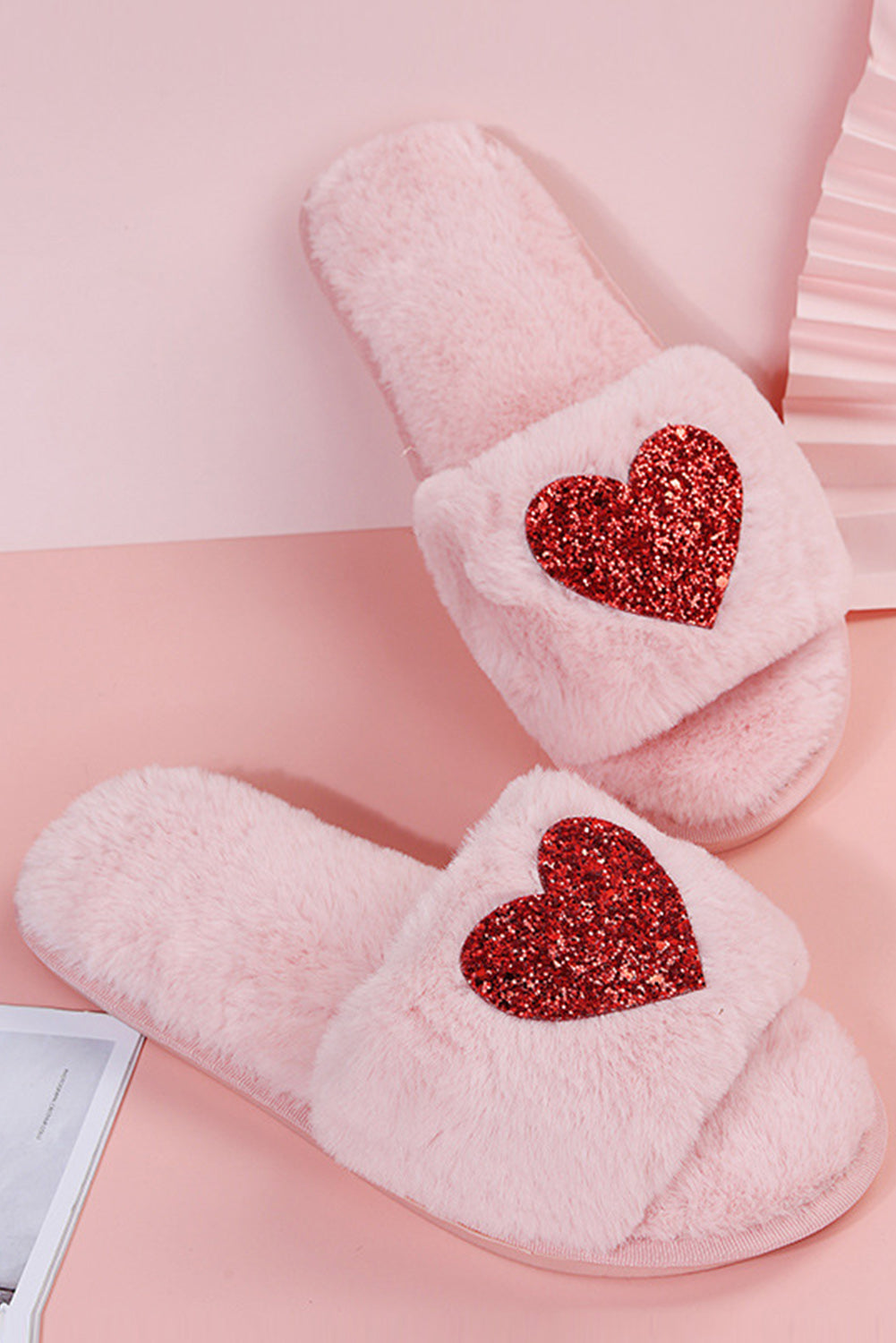 Pink Sequin Heart Shaped Slip On Plush Slippers