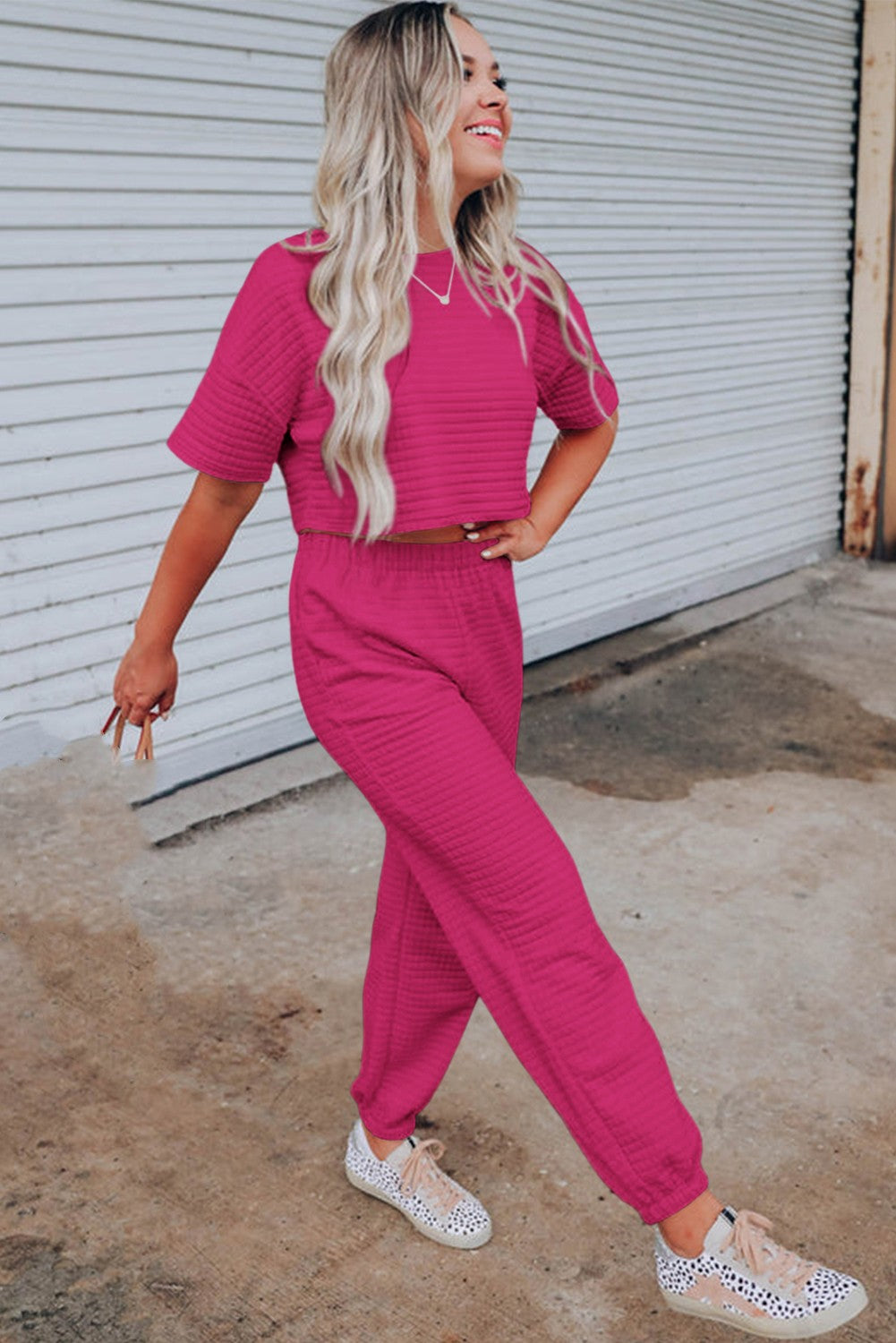 White Lattice Textured Cropped Tee and Jogger Pants Set