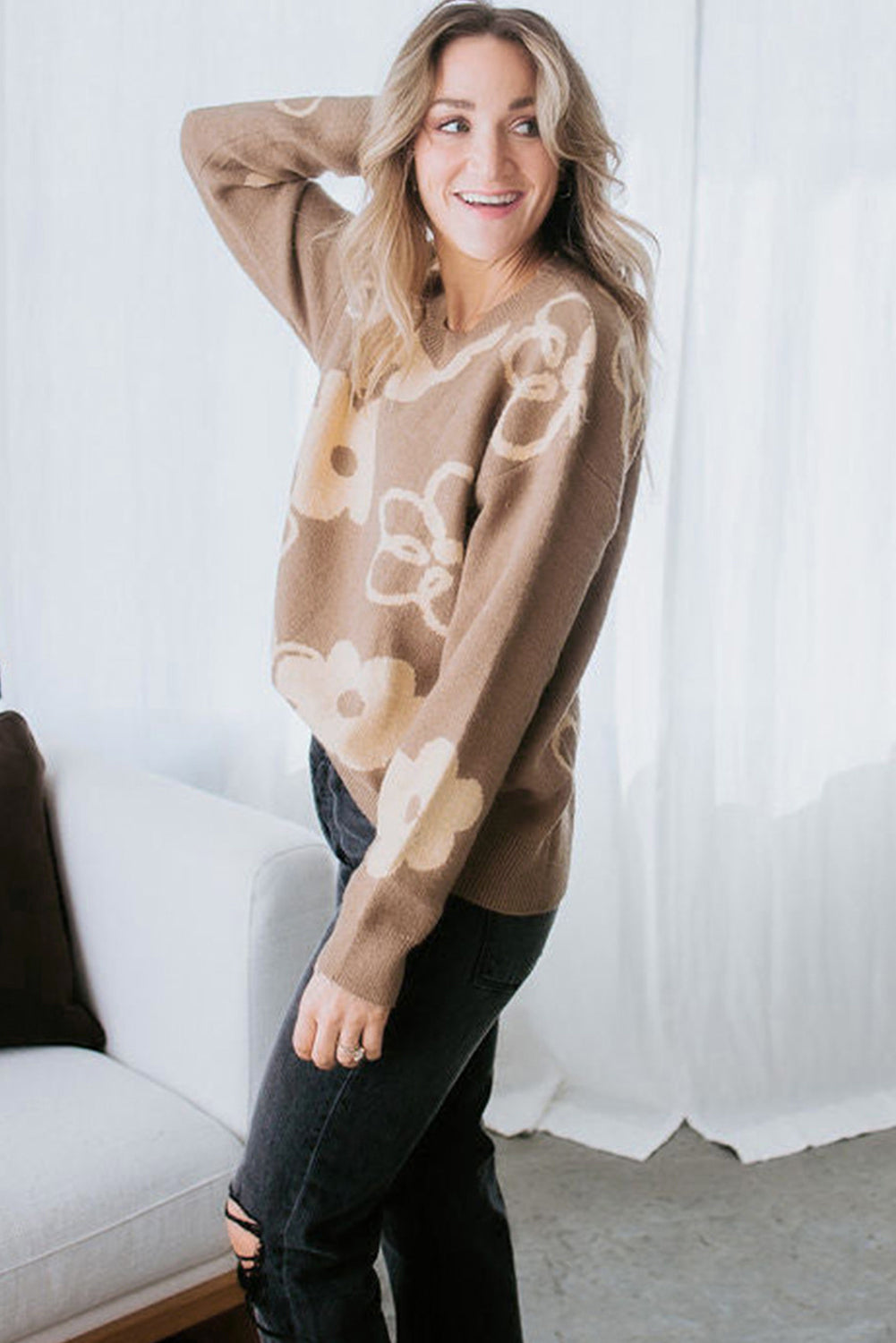 Camel Floral Print Ribbed Contrast Sweater