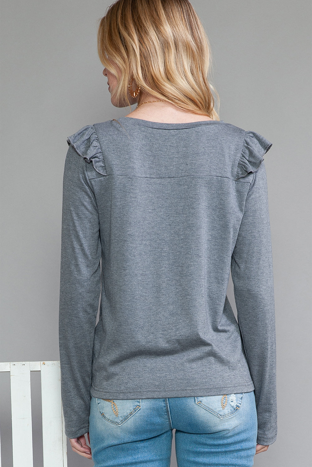 Dark Grey Solid Color Ruffle Long Sleeve Top