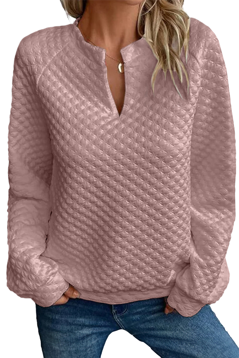 White Quilted V-Neck Solid Color Long Sleeve Top