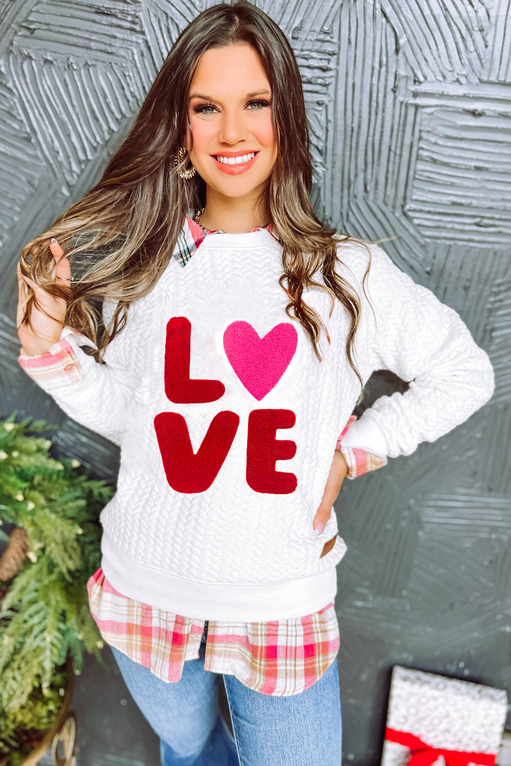 White Quilted Valentine Love Heart Shape Graphic Sweatshirt