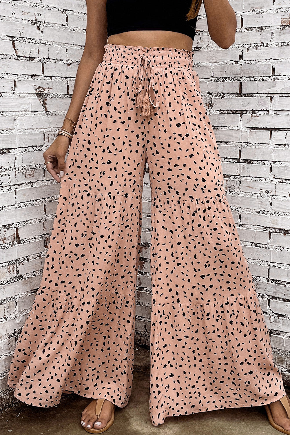 Brown Ruffle Wide Leg Animal Palazzo Pants