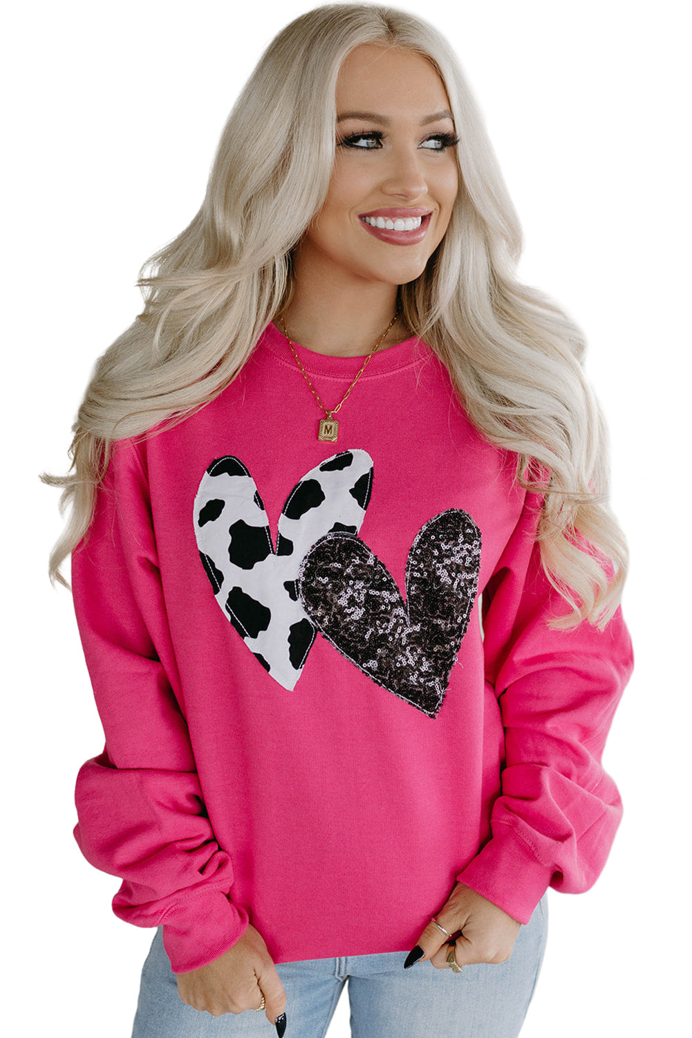 Strawberry Pink Sequins Heart Patch Graphic Sweatshirt