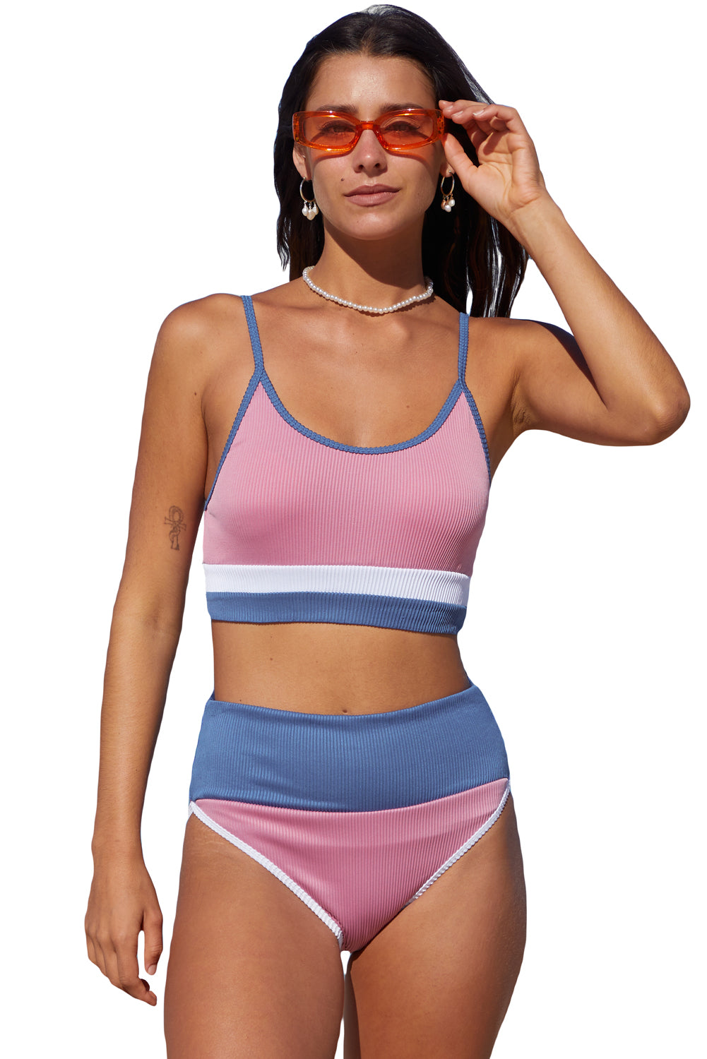 Apricot Colorblock Spaghetti Straps Ribbed High Waist Two Piece Swimsuit