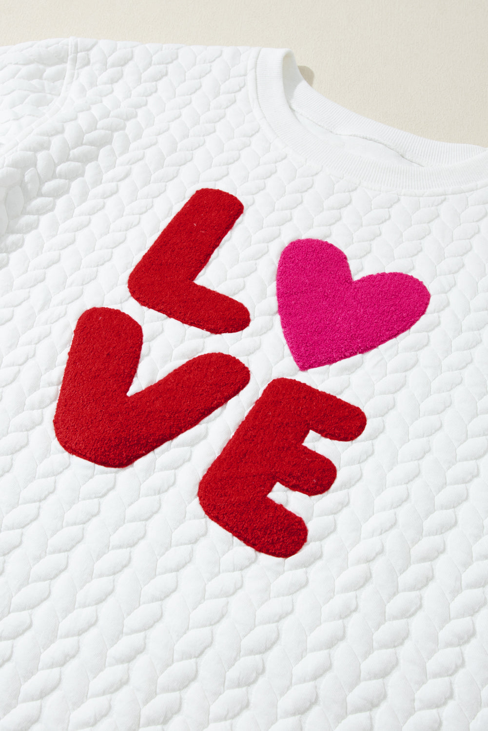 White Quilted Valentine Love Heart Shape Graphic Sweatshirt