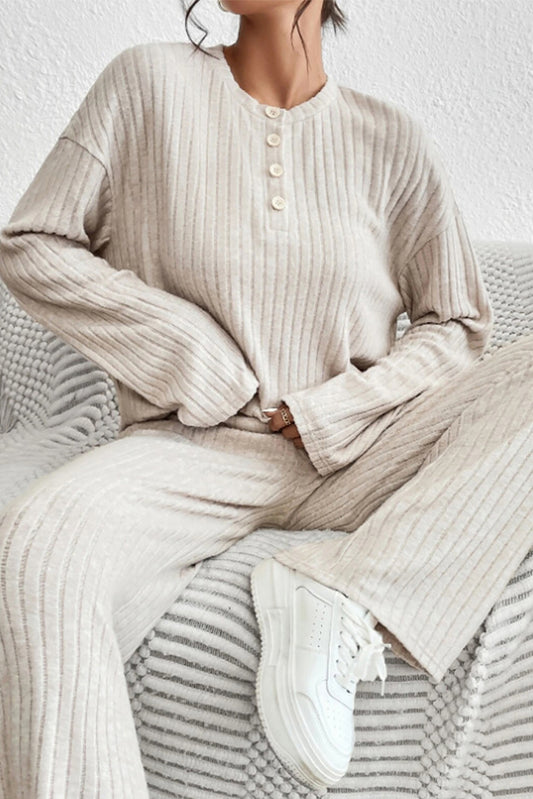 Beige Solid Color Ribbed Henley Top and Pants Set