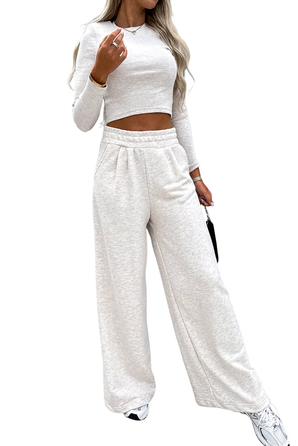 Beige Slim Fit Crop Top and Wide Leg Pants Set