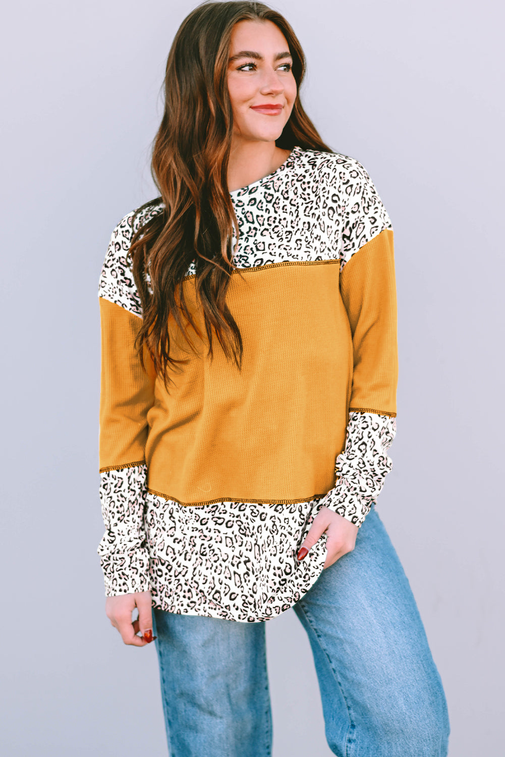 Light Pink Leopard Print Waffle Knit Patchwork Top