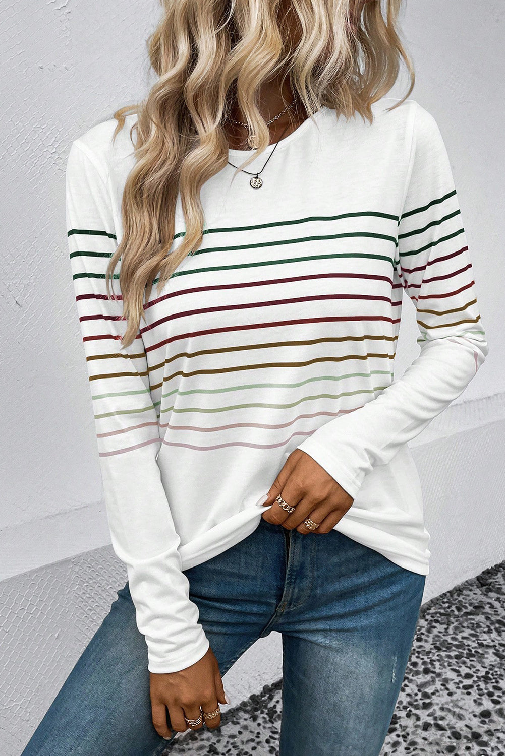 White Colorful Striped Print Long Sleeve Top