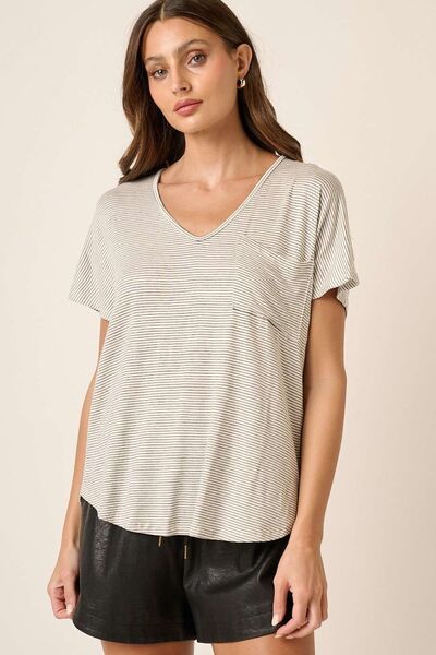 Mittoshop Striped V-Neck Short Sleeve T-Shirt