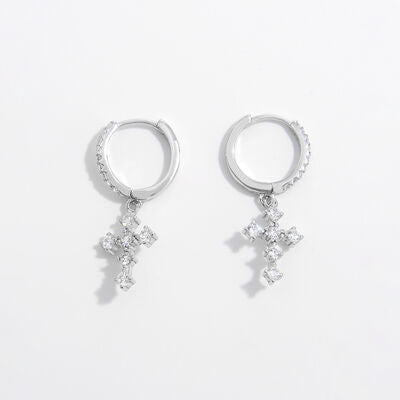 925 Sterling Silver Inlaid Zircon Cross Dangle Earrings