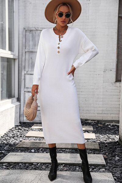 Decorative Button Notched Dropped Shoulder Sweater Dress