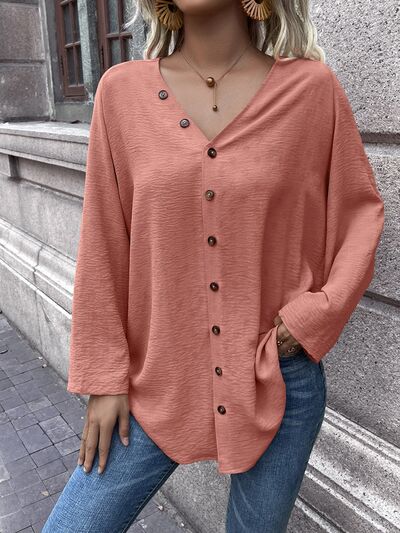 Button Up V-Neck Long Sleeve Shirt