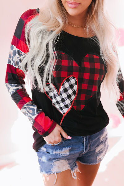 Plaid Leopard Heart Round Neck T-Shirt