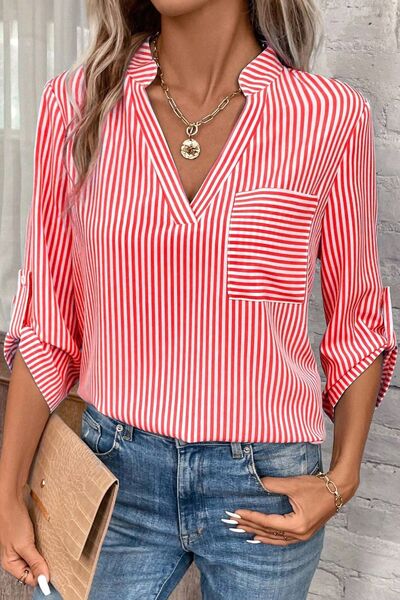 Striped Notched Roll-Tab Sleeve Shirt