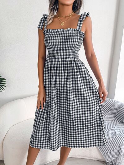 Frill Plaid Square Neck Midi Dress