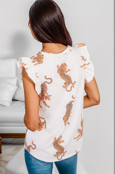 Ruffled Tiger Print Cap Sleeve Blouse