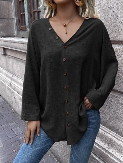 Button Up V-Neck Long Sleeve Shirt